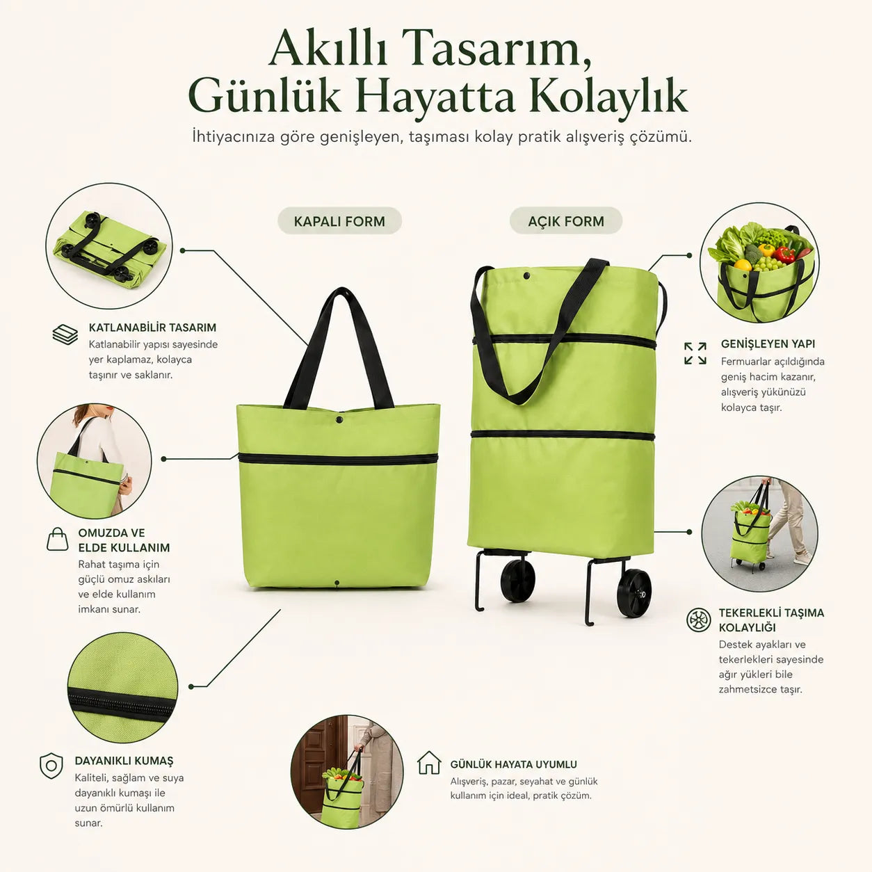TAK ÇEK™- Katlanır Tekerlekli Alışveriş Çantası
